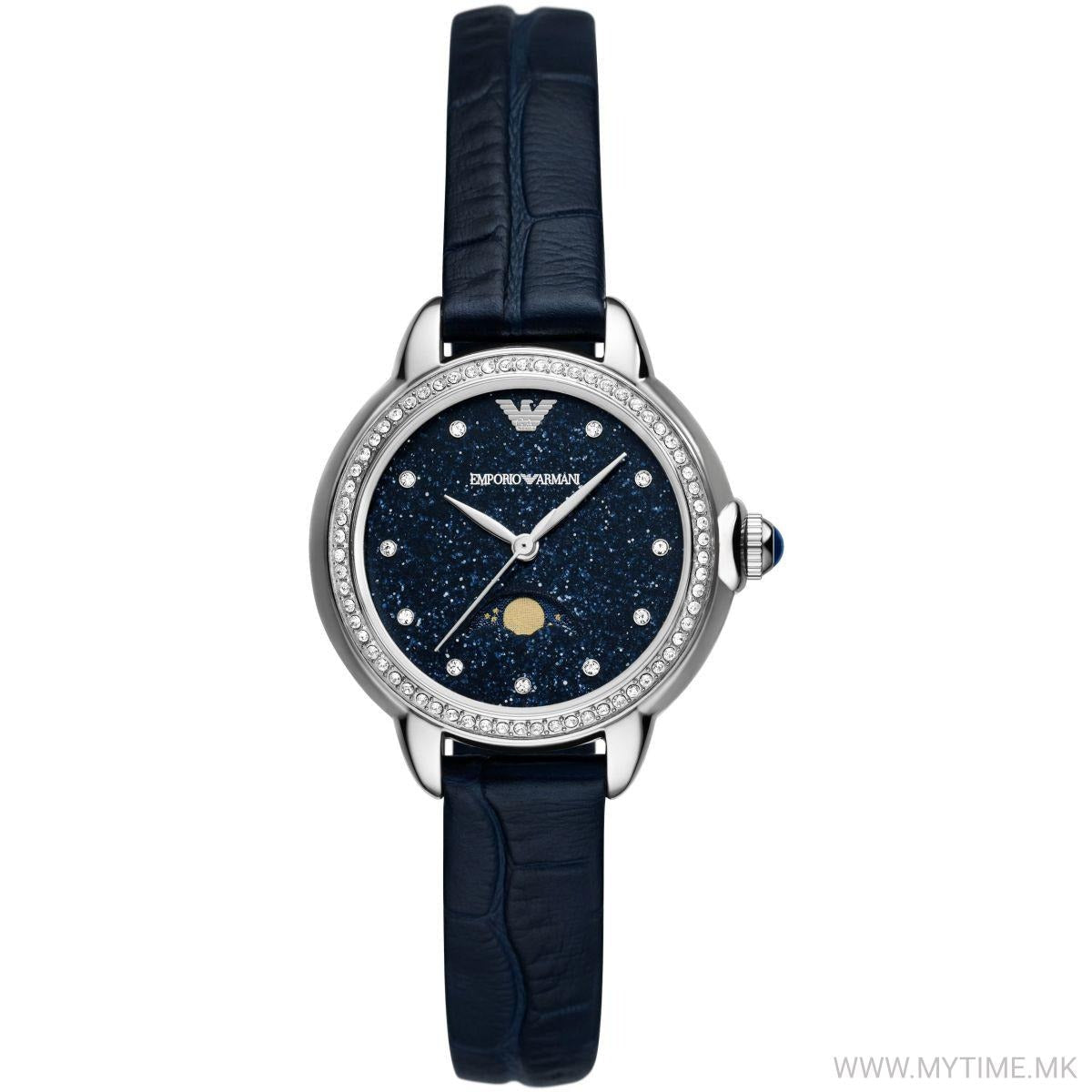 Emporio Armani Mia Moonphase Blue Dial Blue Leather Strap Watch for Women - AR11629