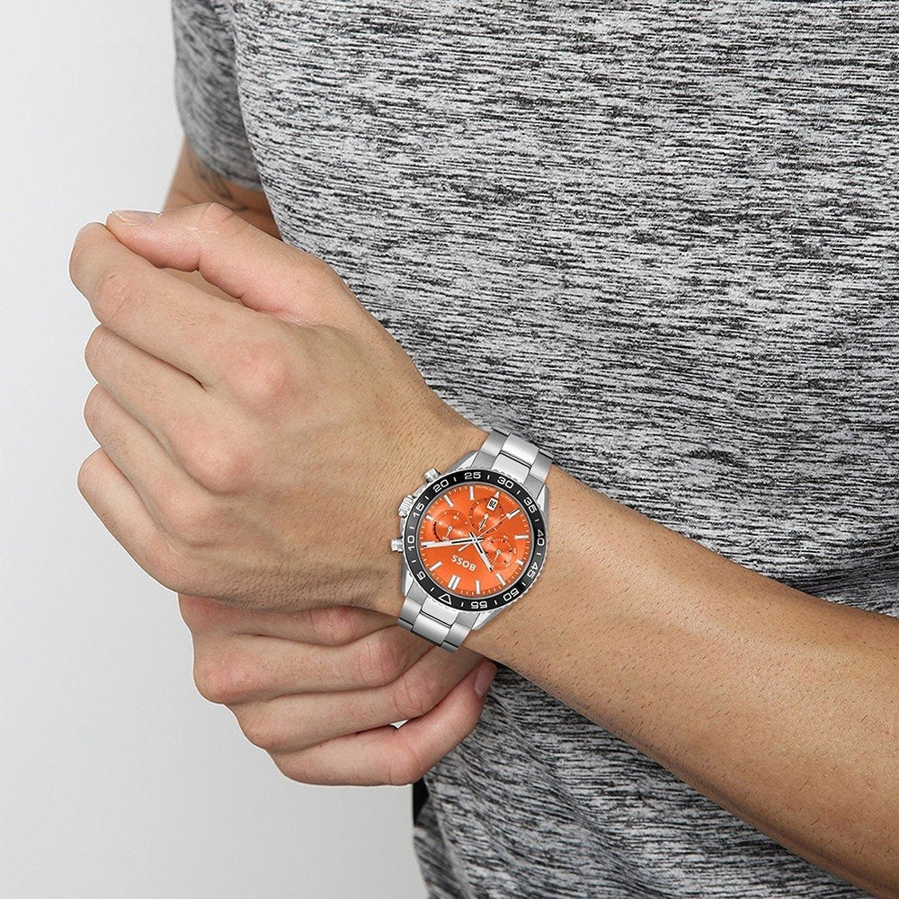 Hugo Boss Runner Chronograph Orange Dial Silver Steel Strap Watch for Men - 1514162