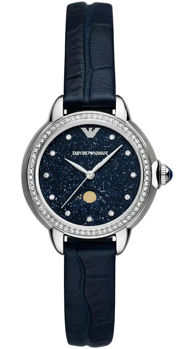 Emporio Armani Mia Moonphase Blue Dial Blue Leather Strap Watch for Women - AR11629