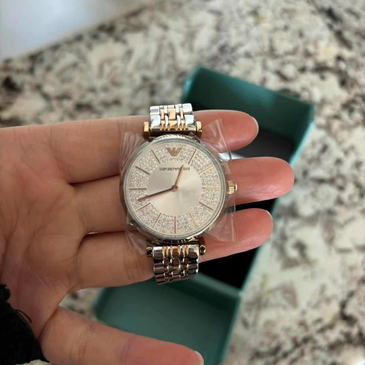 Emporio Armani Gianni T Bar Silver Dial Two Tone Steel Strap Watch for Women - AR11537