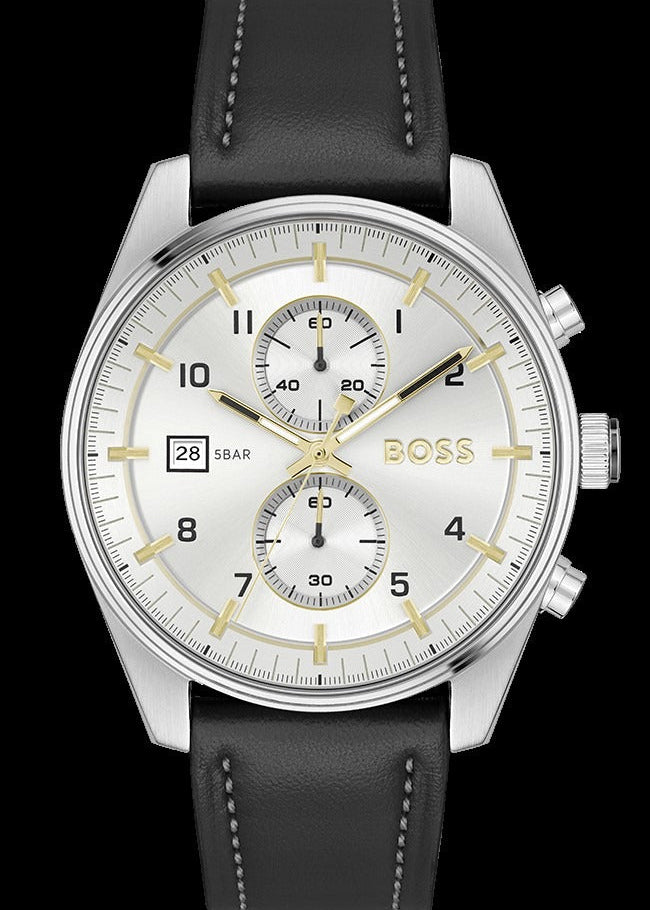 Hugo Boss Skytraveller Chronograph Silver Dial Black Leather Strap Watch for Men - 1514147