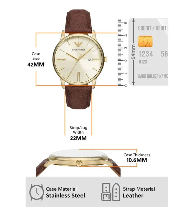 Emporio Armani Minimalist Quartz Gold Dial Brown Leather Strap Watch for Men - AR11610