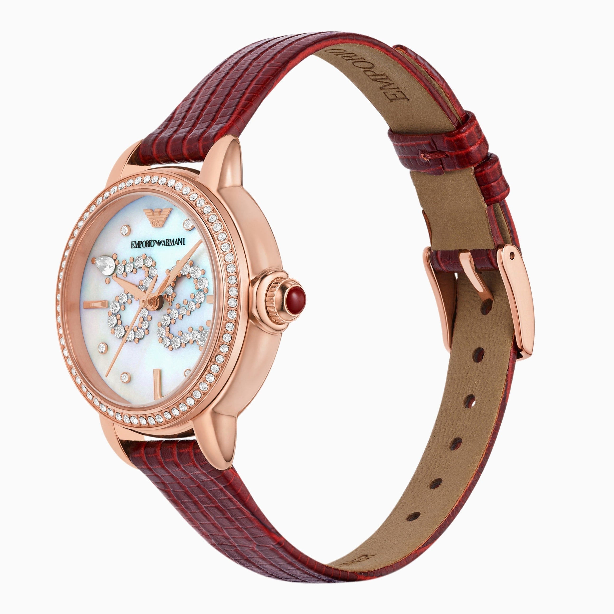 Emporio Armani Mia Mother of Pearl Dial Red Leather Strap Watch for Women - AR11646