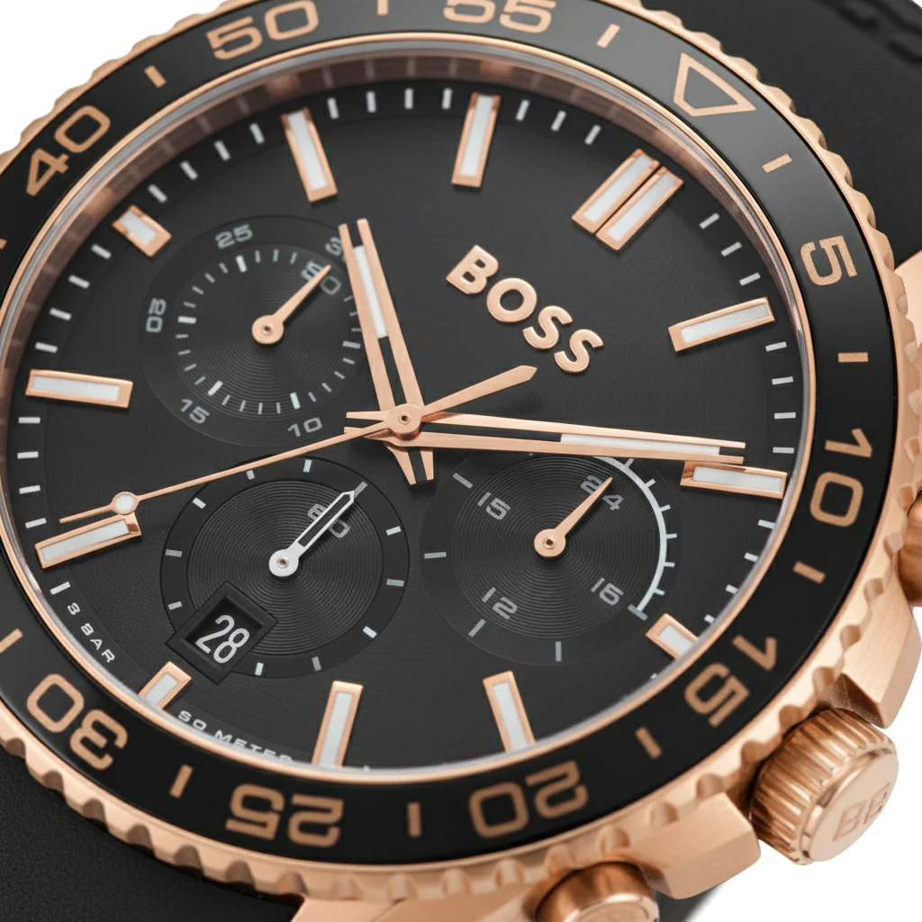 Hugo Boss Runner Chronograph Black Dial Black Silicone Strap Watch for Men - 1514168