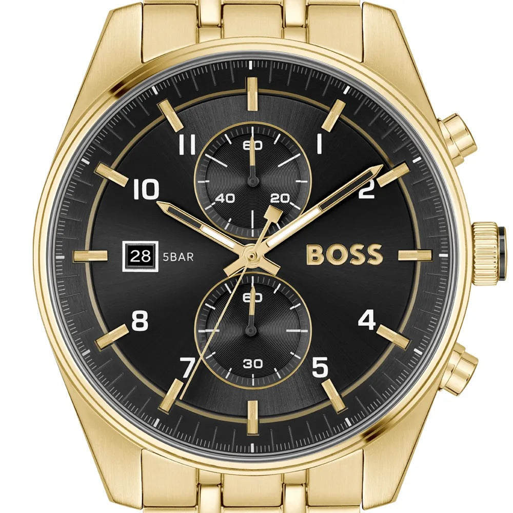 Hugo Boss Skytraveller Chronograph Black Dial Gold Steel Strap Watch for Men - 1514152