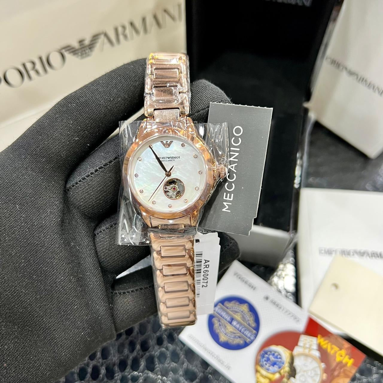 Emporio Armani Mia Meccanico Mother of Pearl Dial Rose Gold Steel Strap Watch for Women - AR60072