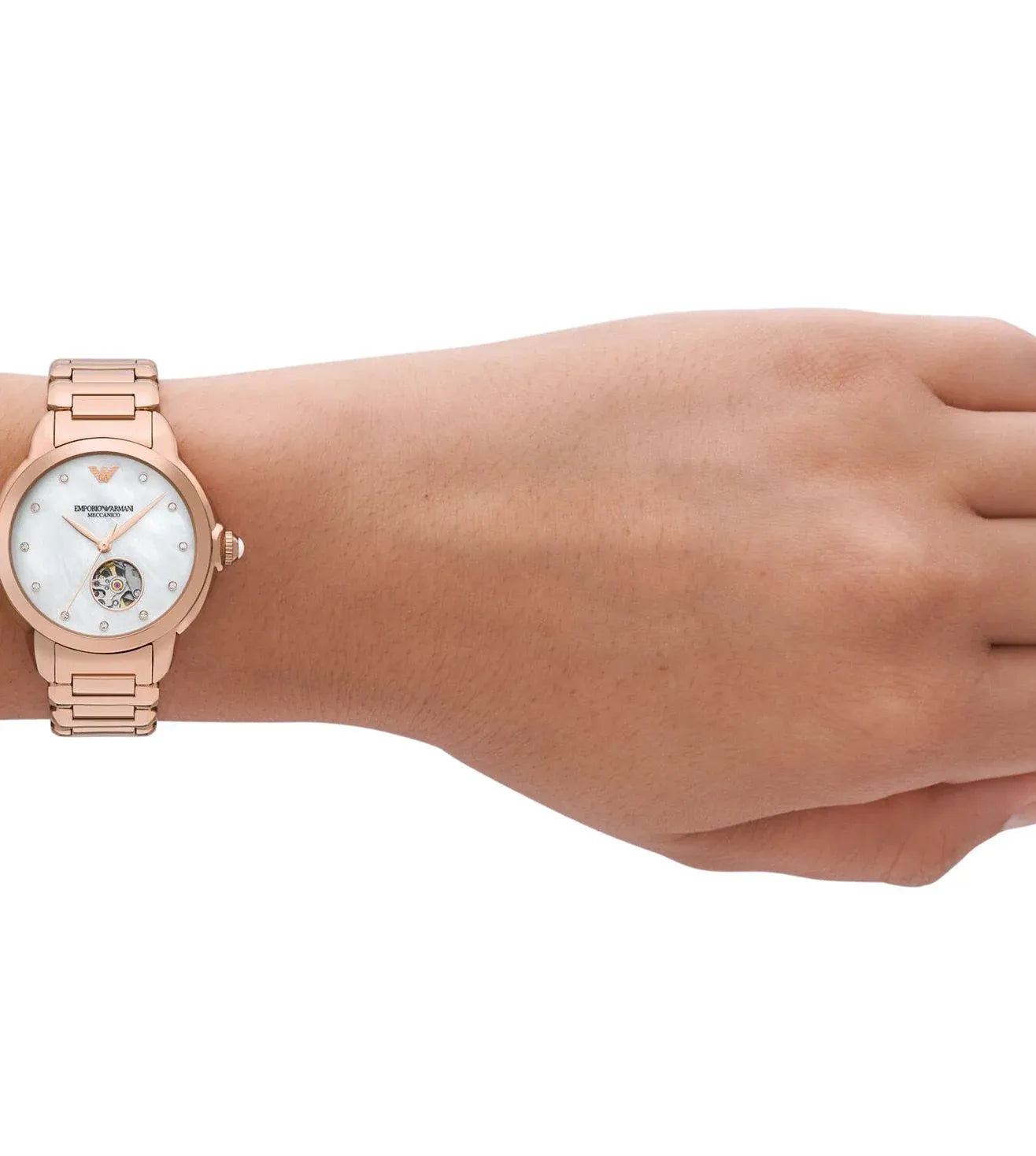Emporio Armani Mia Meccanico Mother of Pearl Dial Rose Gold Steel Strap Watch for Women - AR60072