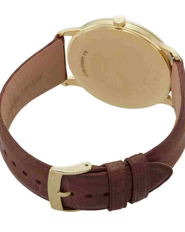 Emporio Armani Minimalist Quartz Gold Dial Brown Leather Strap Watch for Men - AR11610