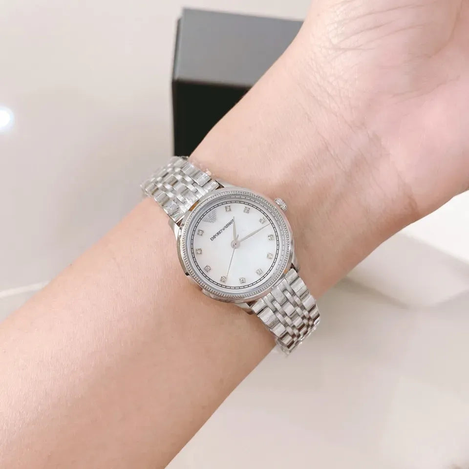 Emporio Armani Alpha Mother of Pearl Dial Silver Steel Strap Watch for Women - AR1803
