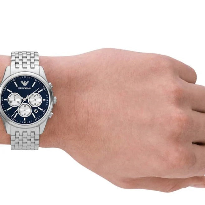 Emporio Armani Antonio Chronograph Blue Dial Silver Steel Strap Watch for Men - AR11582