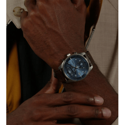 Hugo Boss Skytraveller Chronograph Blue Dial Brown Leather Strap Watch for Men - 1514194