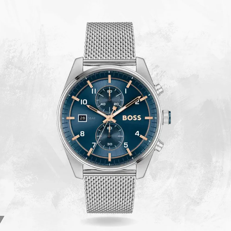 Hugo Boss Skytraveller Chronograph Blue Dial Silver Mesh Strap Watch for Men - 1514149