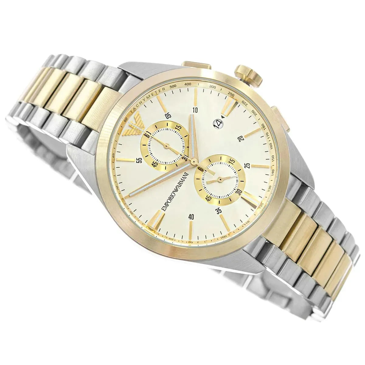 Emporio Armani Elegant Chronograph Cream Dial Two Tone Steel Strap Watch for Men - AR11605