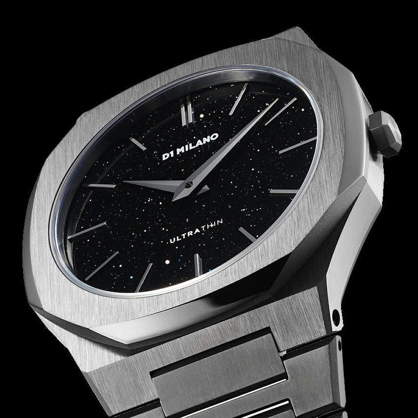 D1 Milano Ultra Thin Aventurine Black Dial Silver Steel Strap Watch for Men - D1-UTBJ29