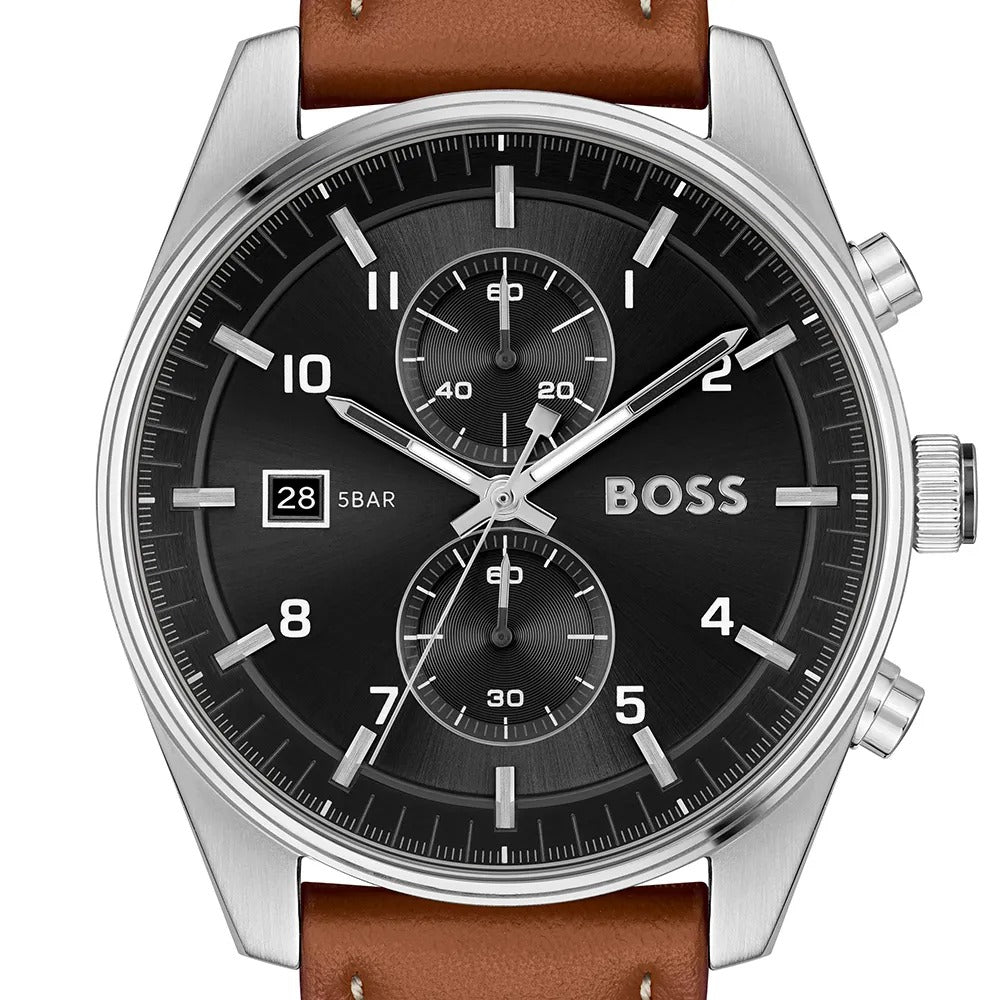 Hugo Boss Skytraveller Chronograph Black Dial Blue Leather Strap Watch for Men - 1514161