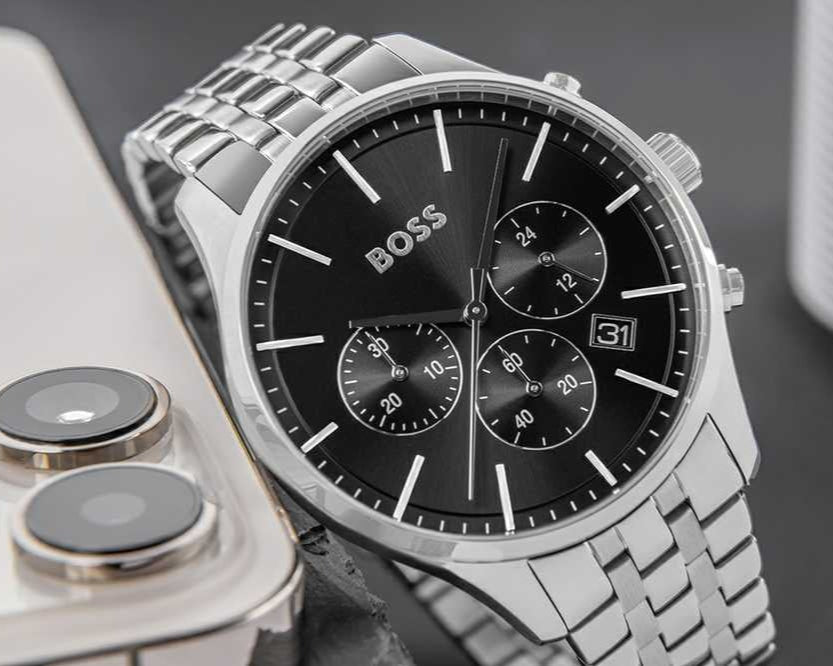 Hugo Boss Avery Chronograph Black Dial Silver Steel Strap Watch for Men - 1514157
