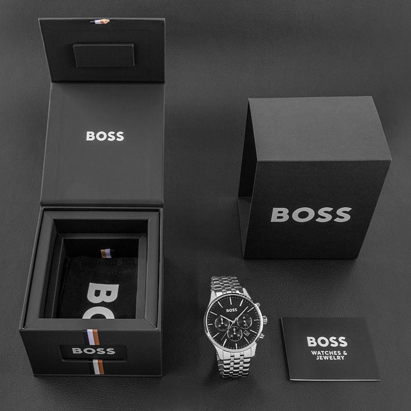 Hugo Boss Avery Chronograph Black Dial Silver Steel Strap Watch for Men - 1514157