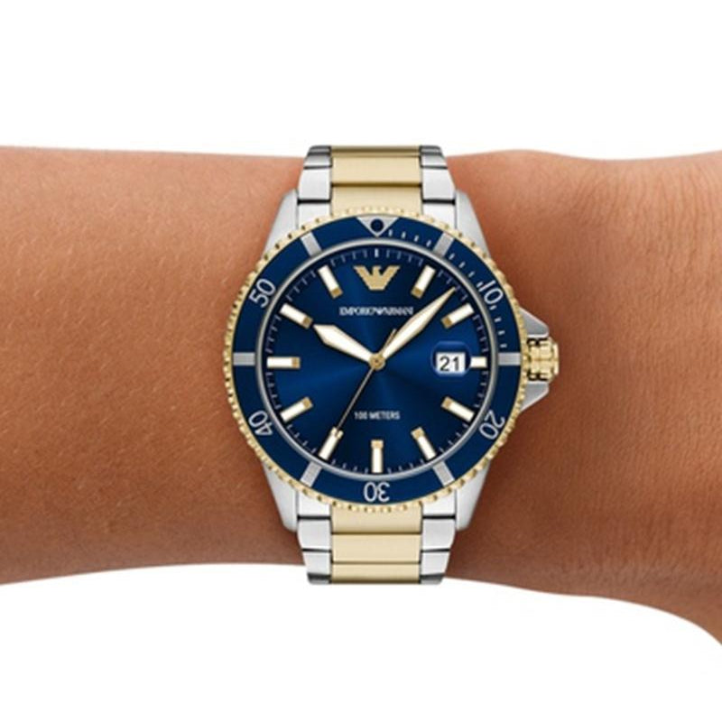 Emporio Armani World Explorer Blue Dial Two Tone Steel Strap Watch for Men - AR11682