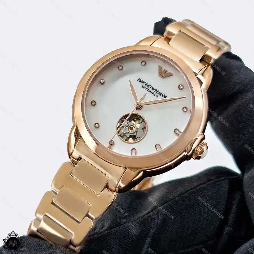 Emporio Armani Mia Meccanico Mother of Pearl Dial Rose Gold Steel Strap Watch for Women - AR60072