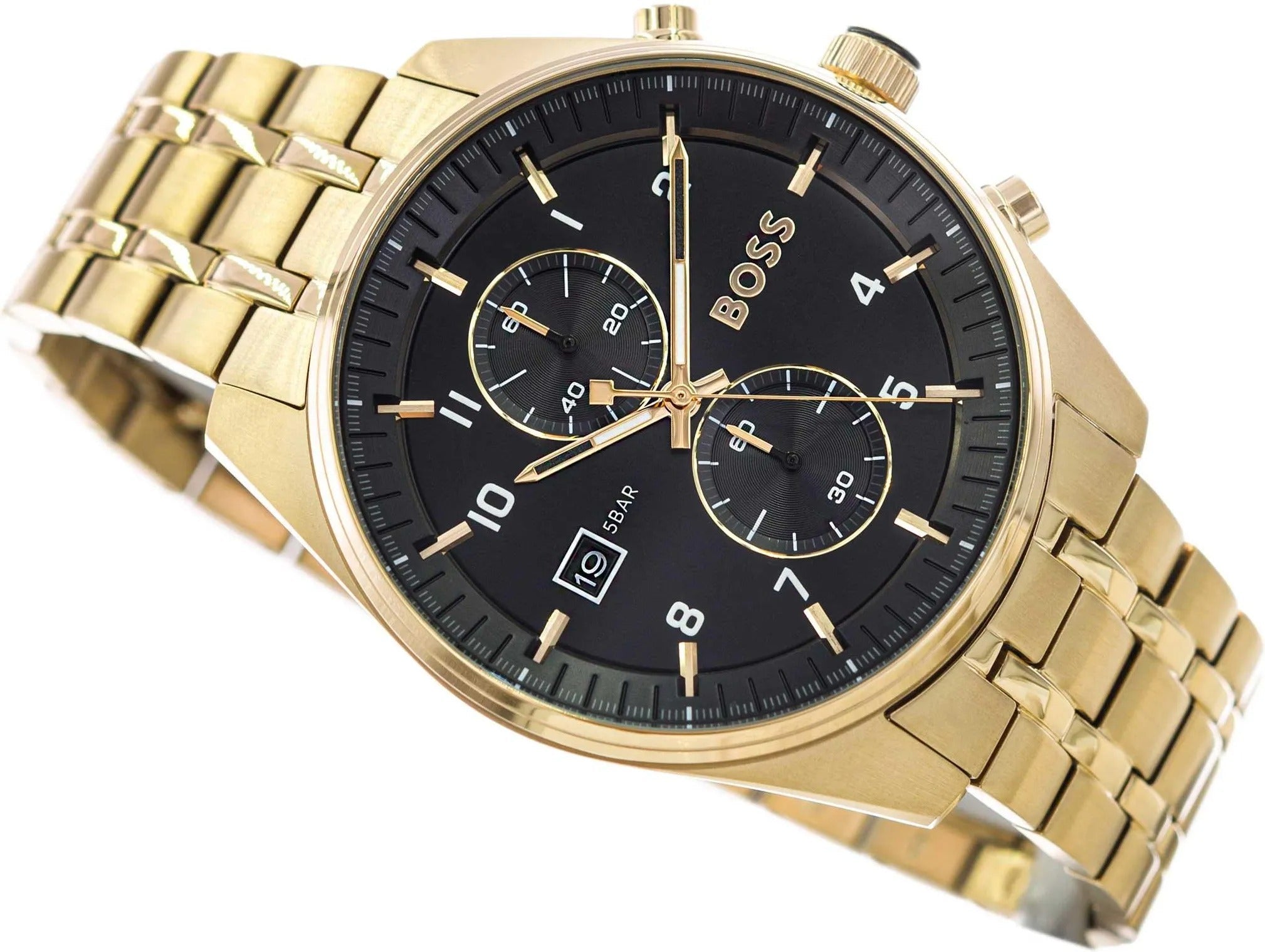Hugo Boss Skytraveller Chronograph Black Dial Gold Steel Strap Watch for Men - 1514152