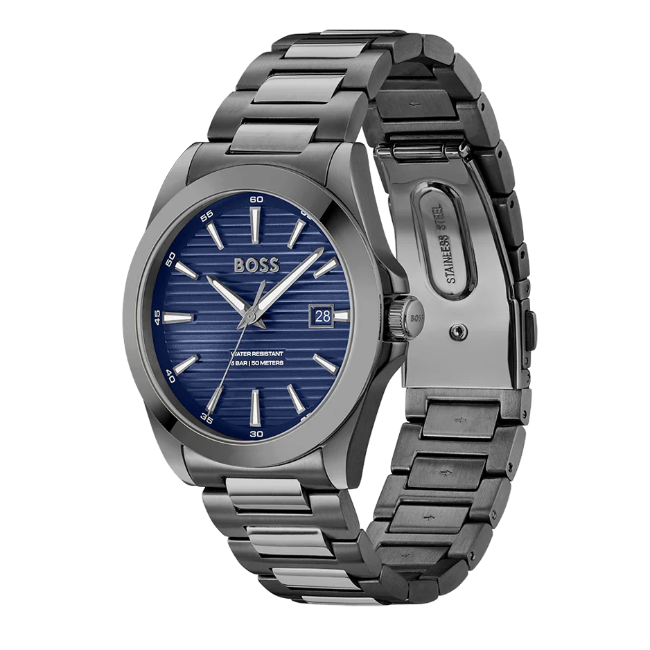 Hugo Boss Strike Blue Dial Gunmetal Grey Steel Strap Watch for Men - 1514175