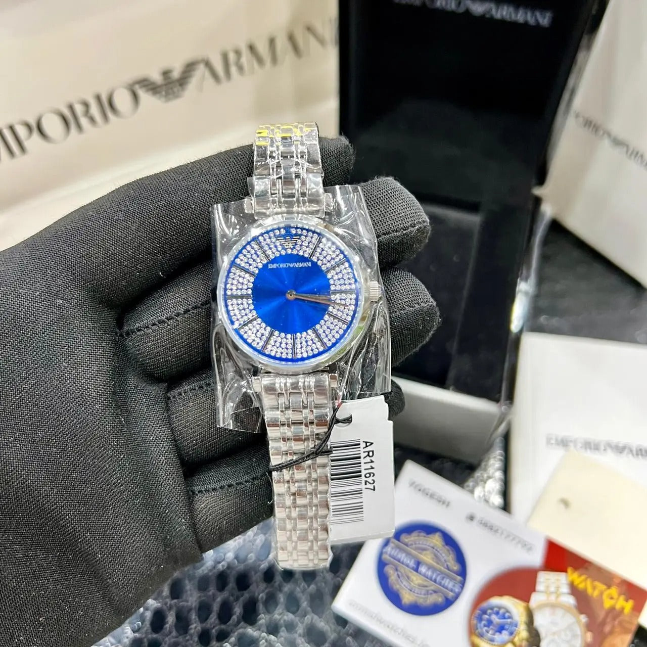 Emporio Armani Gianni T-Bar Blue Dial Silver Steel Strap Watch for Women - AR11627