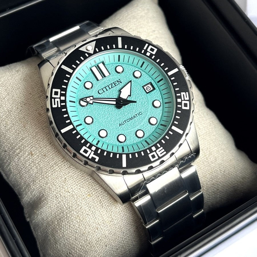 Citizen Mechanical Automatic Turquoise Dial Silver Steel Strap Watch for Men - NJ0170-83X