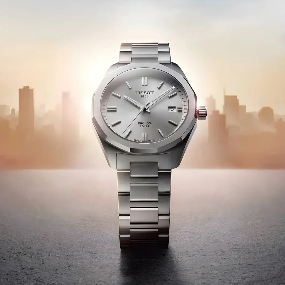Tissot PRC 100 Solar Quartz Silver Dial Silver Steel Strap Watch for Men - T151.422.11.031.00