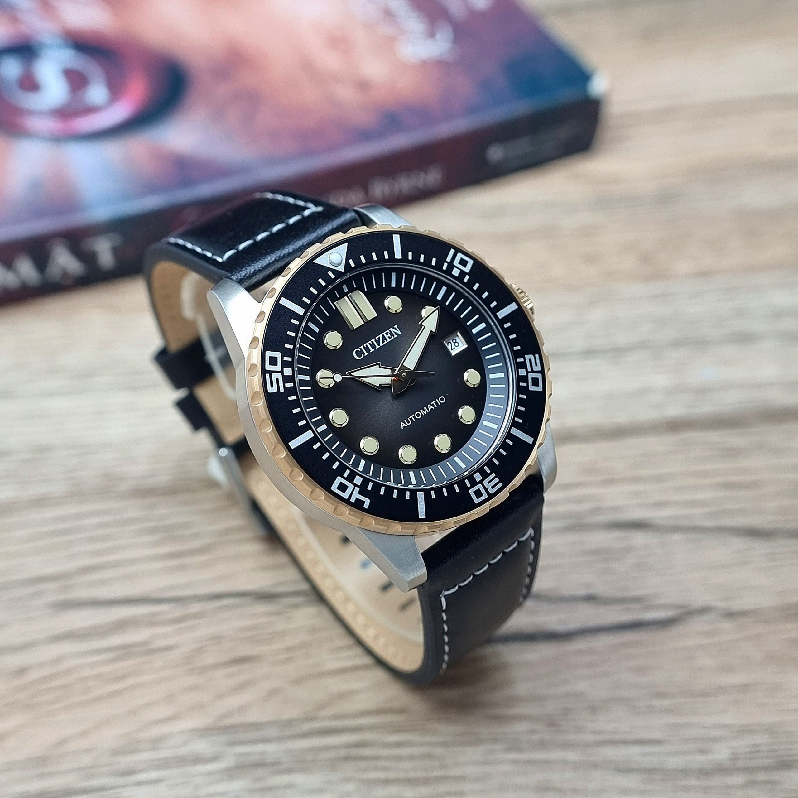 Citizen Mechanical Automatic Black Dial Black Leather Strap Watch for Men - NJ0176-10E