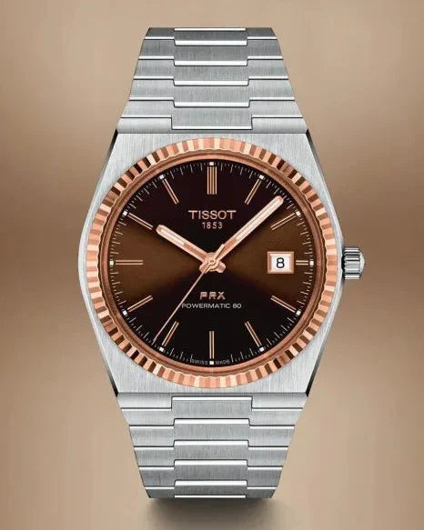 Tissot PRX Powermatic 80 18K Gold Brown Dial Silver Steel Strap Watch for Men - T931.407.41.291.00