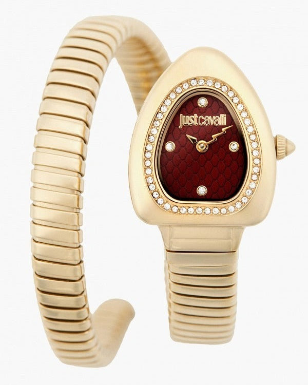 Just Cavalli Lady Snake Red Dial Gold Steel Strap Watch for Women - JC1L249M0025