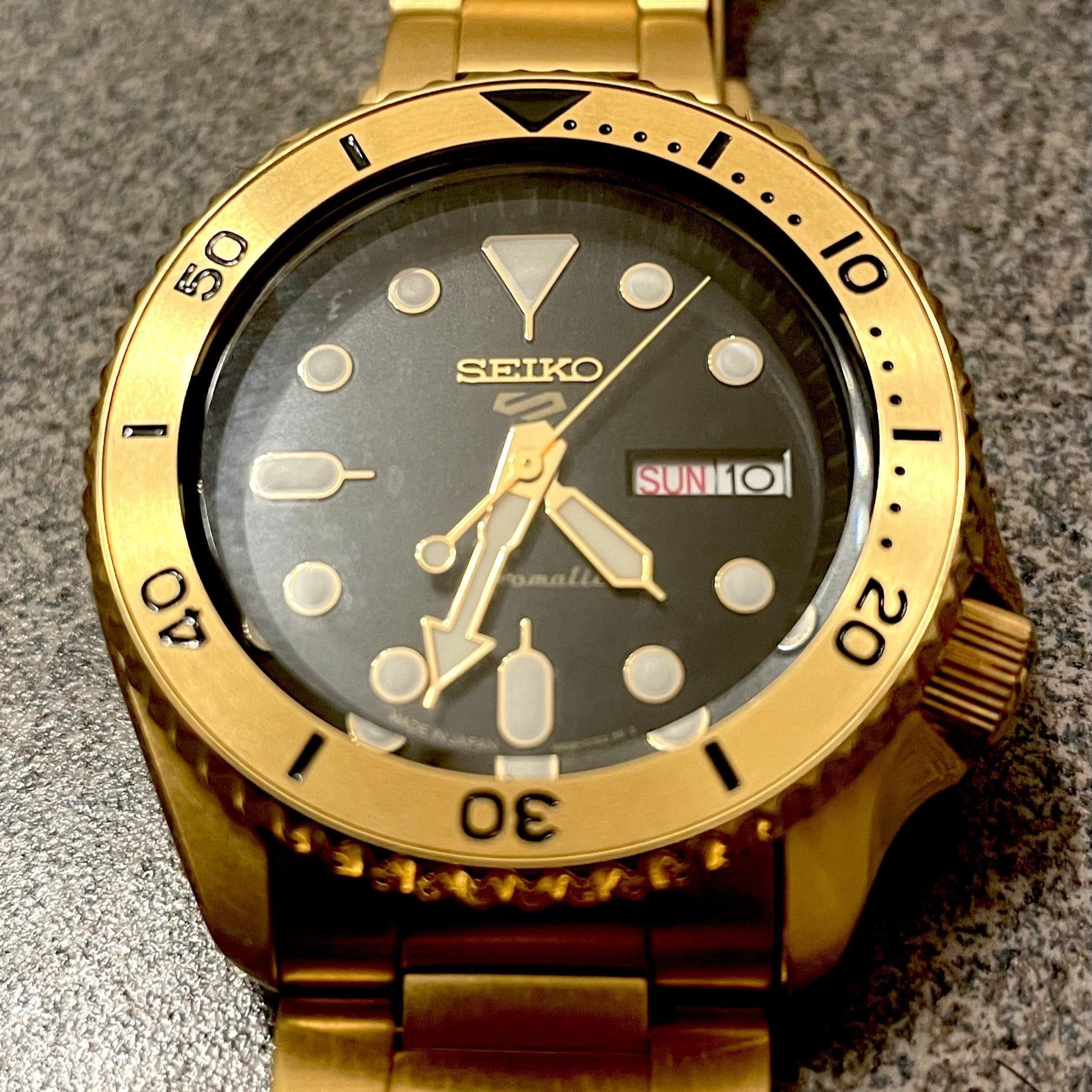 Seiko 5 Sports Automatic Black Dial Gold Steel Strap Watch For Men - SRPK18