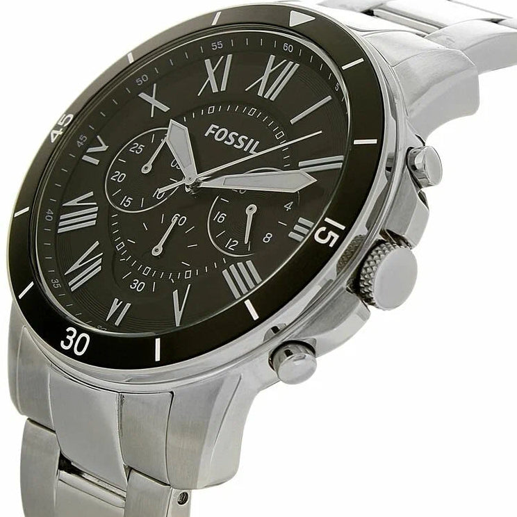 Fossil Grant Sport Chronograph Black Dial Silver Steel Strap Watch for Men - FS5236