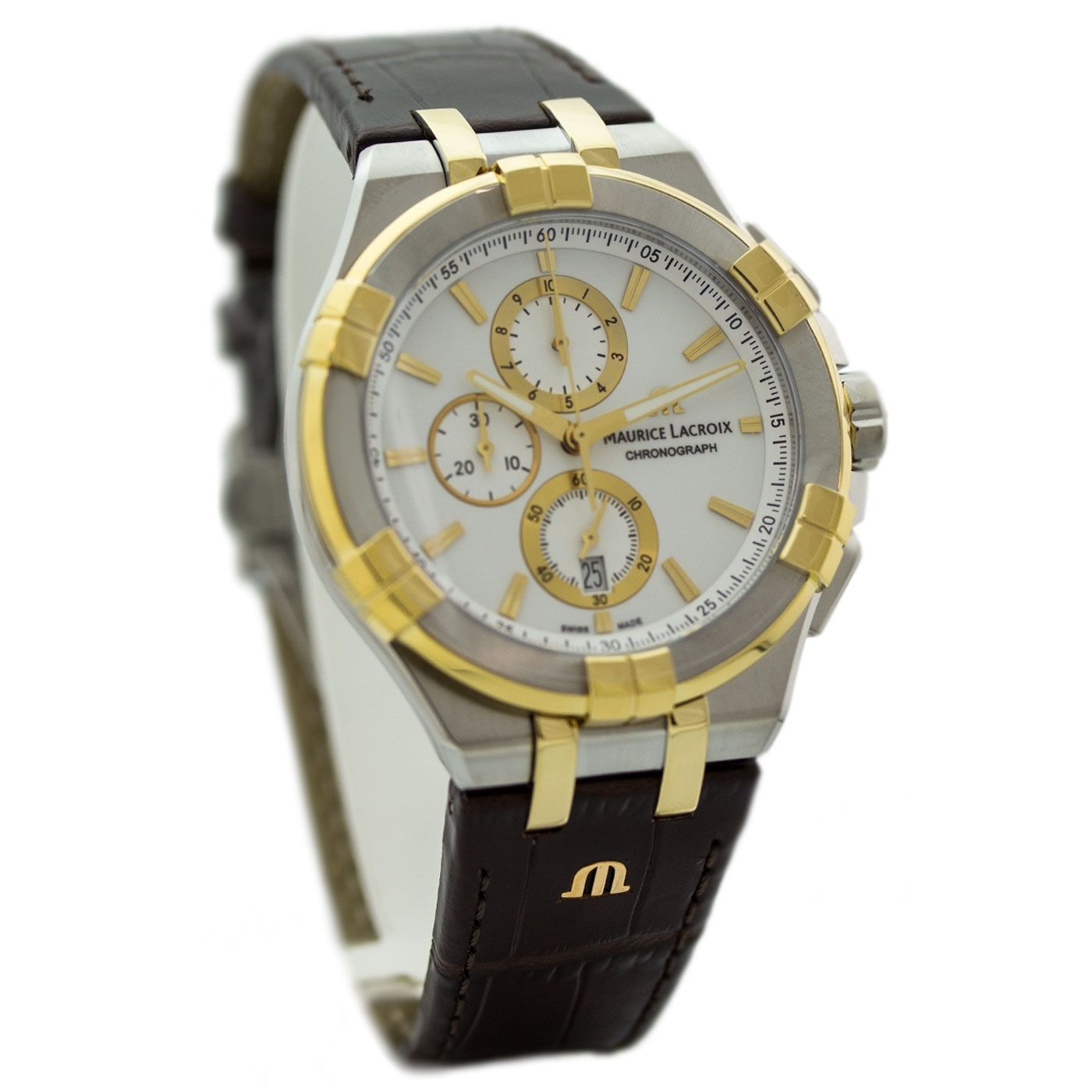 Maurice Lacroix Aikon Chronograph White Dial Brown Leather Strap Watch For Men - AI1018-PVY11-132-1