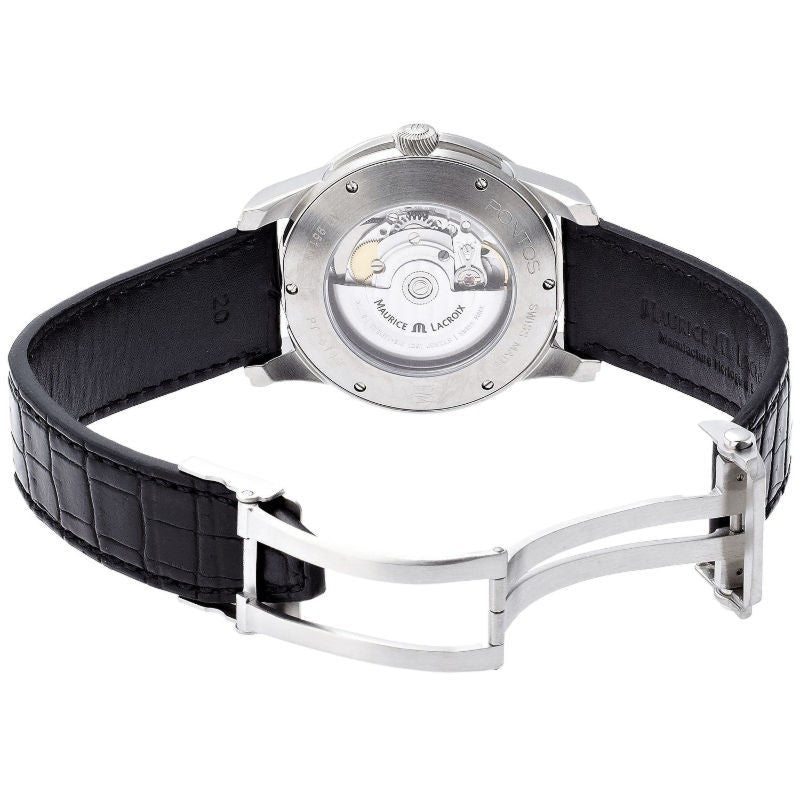 Maurice Lacroix Pontos Date Automatic Black Dial Black Leather Strap Watch For Men - PT6148-SS001-330
