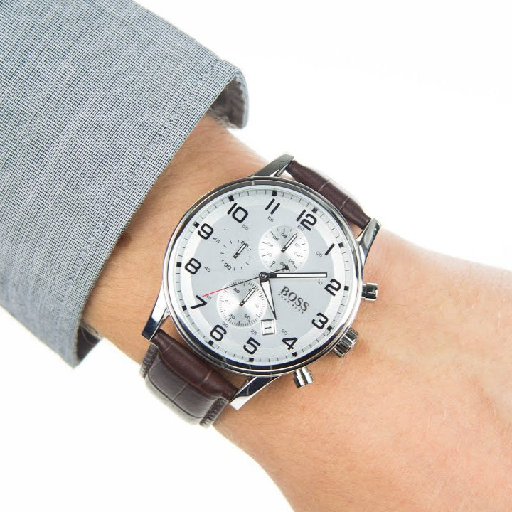 Hugo Boss Aeroliner Chronoraph White Dial Brown Leather Strap Watch For Men - HB1512447