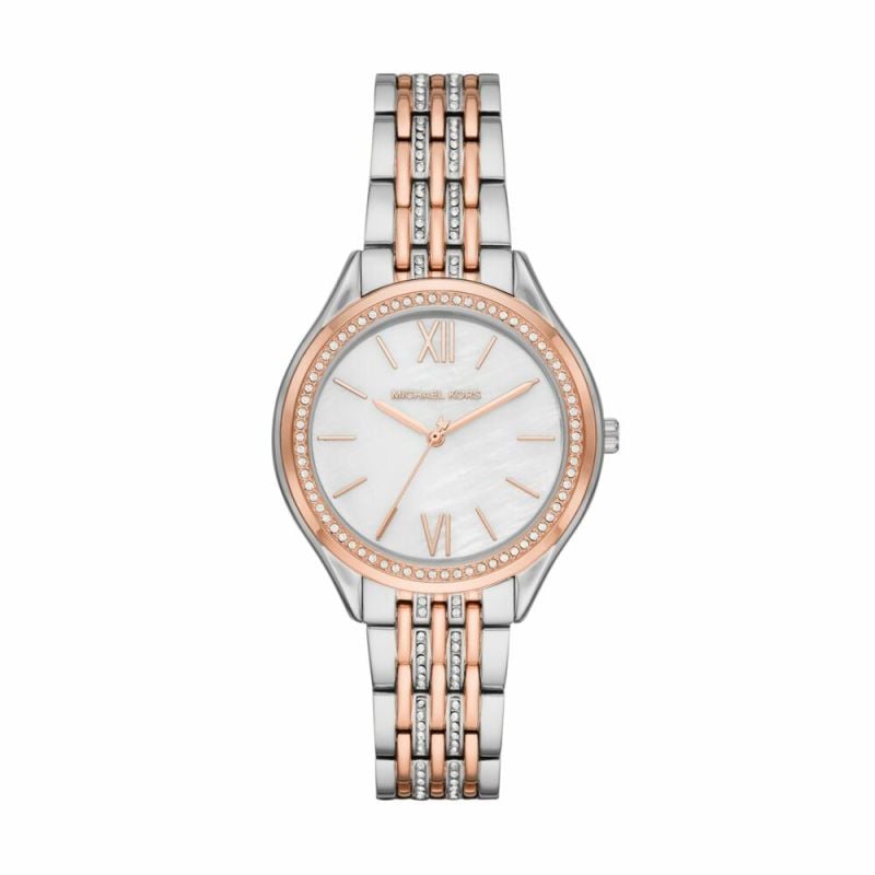 Michael Kors Mindy Three Hand White Dial Two Tone Steel Strap Watch For Women - MK7077