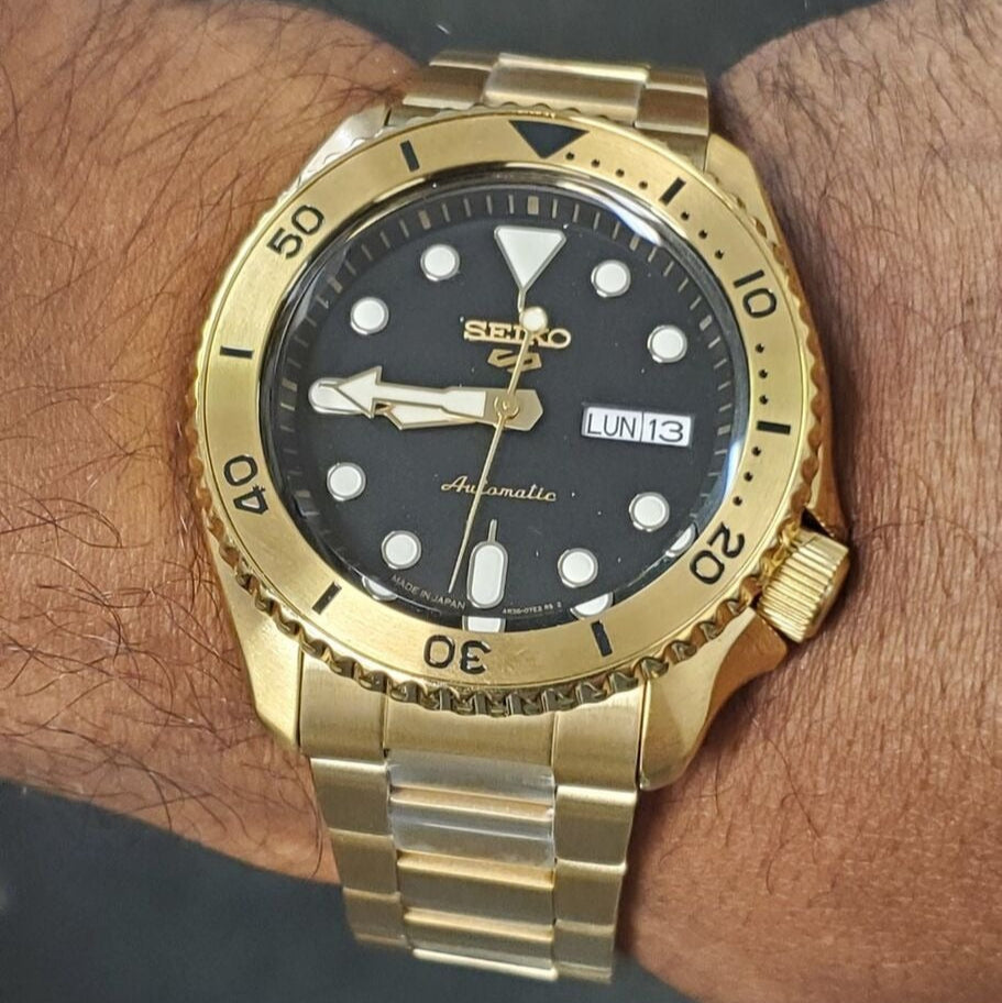 Seiko 5 Sports Automatic Black Dial Gold Steel Strap Watch For Men - SRPK18