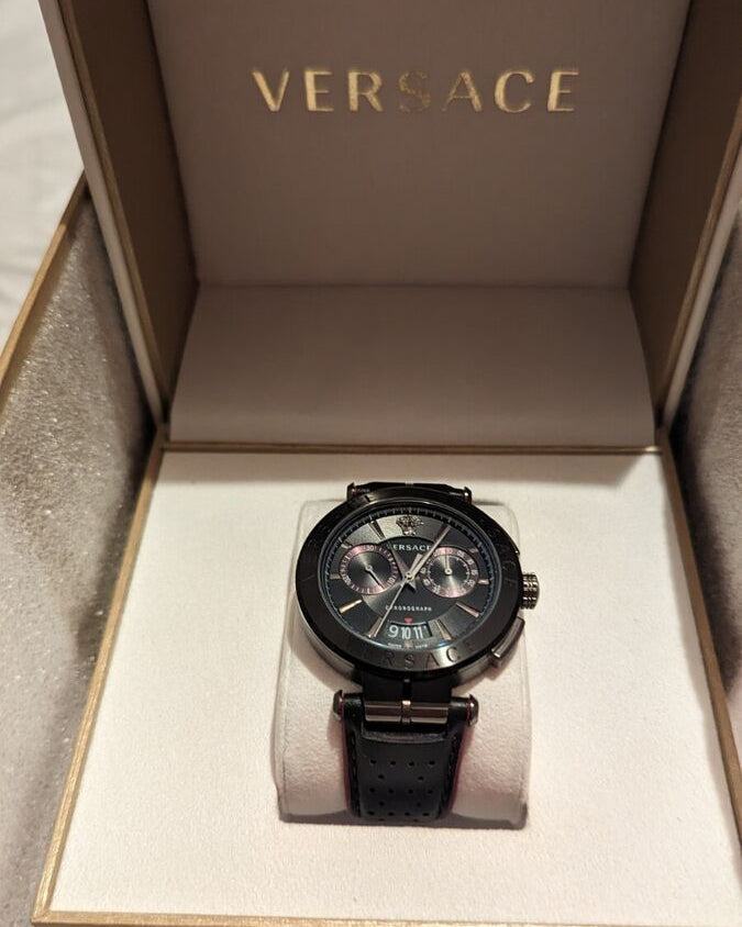 Versace V-Racer Aion Chronograph Black Dial Black Leather Strap Watch for Men - VBR030017