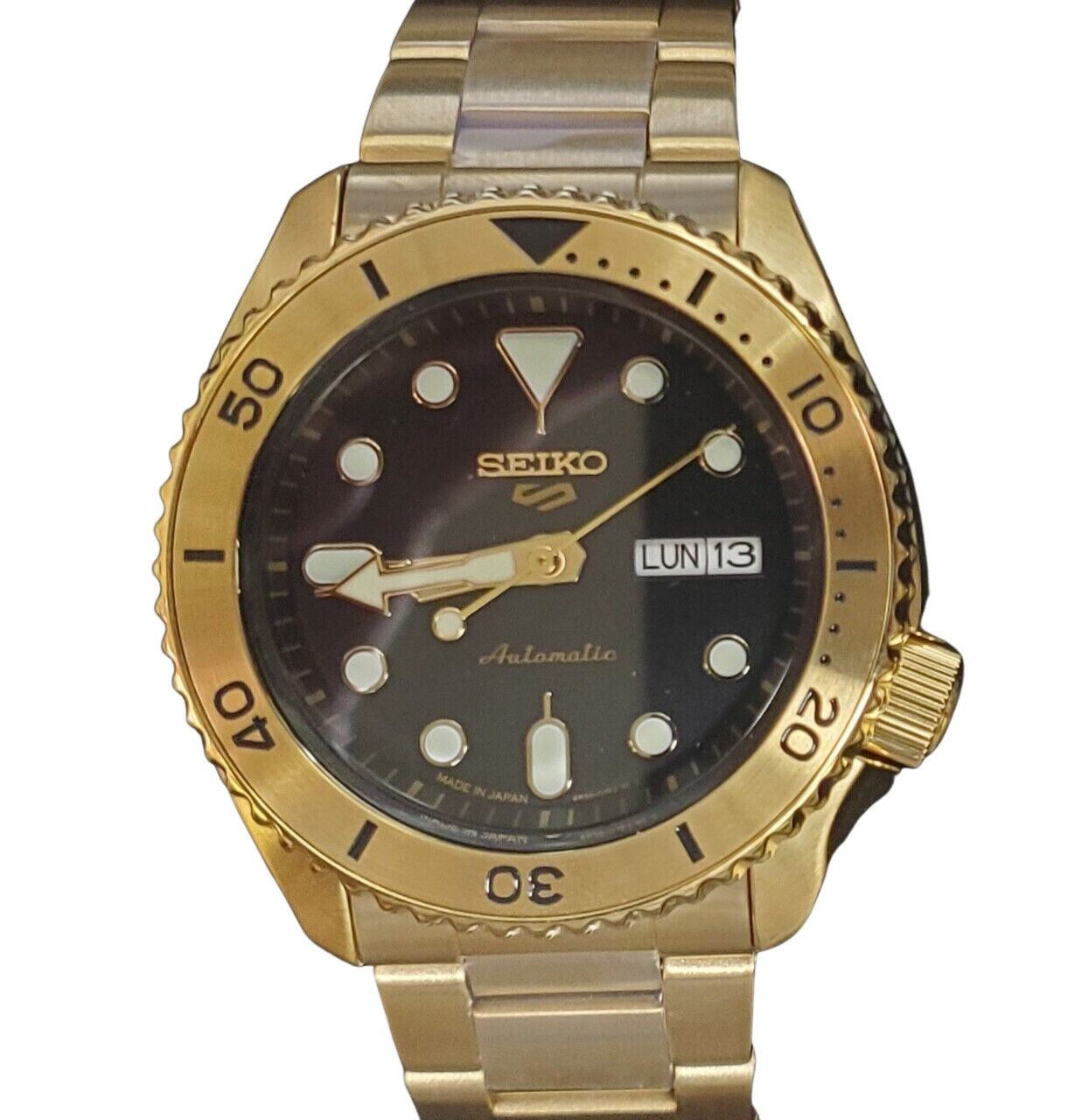 Seiko 5 Sports Automatic Black Dial Gold Steel Strap Watch For Men - SRPK18