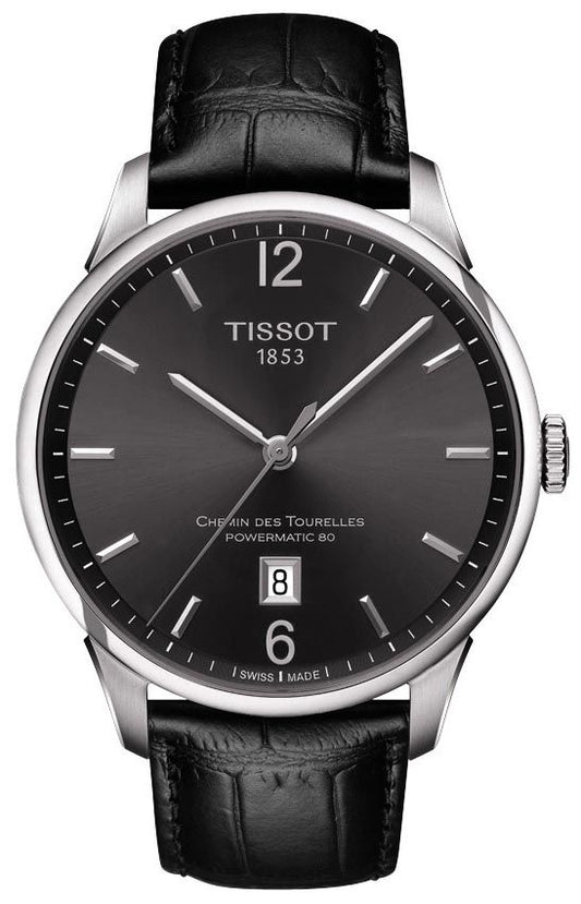 Tissot Chemin Des Tourelles Powermatic 80 Black Dial Black Leather Strap Watch For Men - T099.407.16.447.00