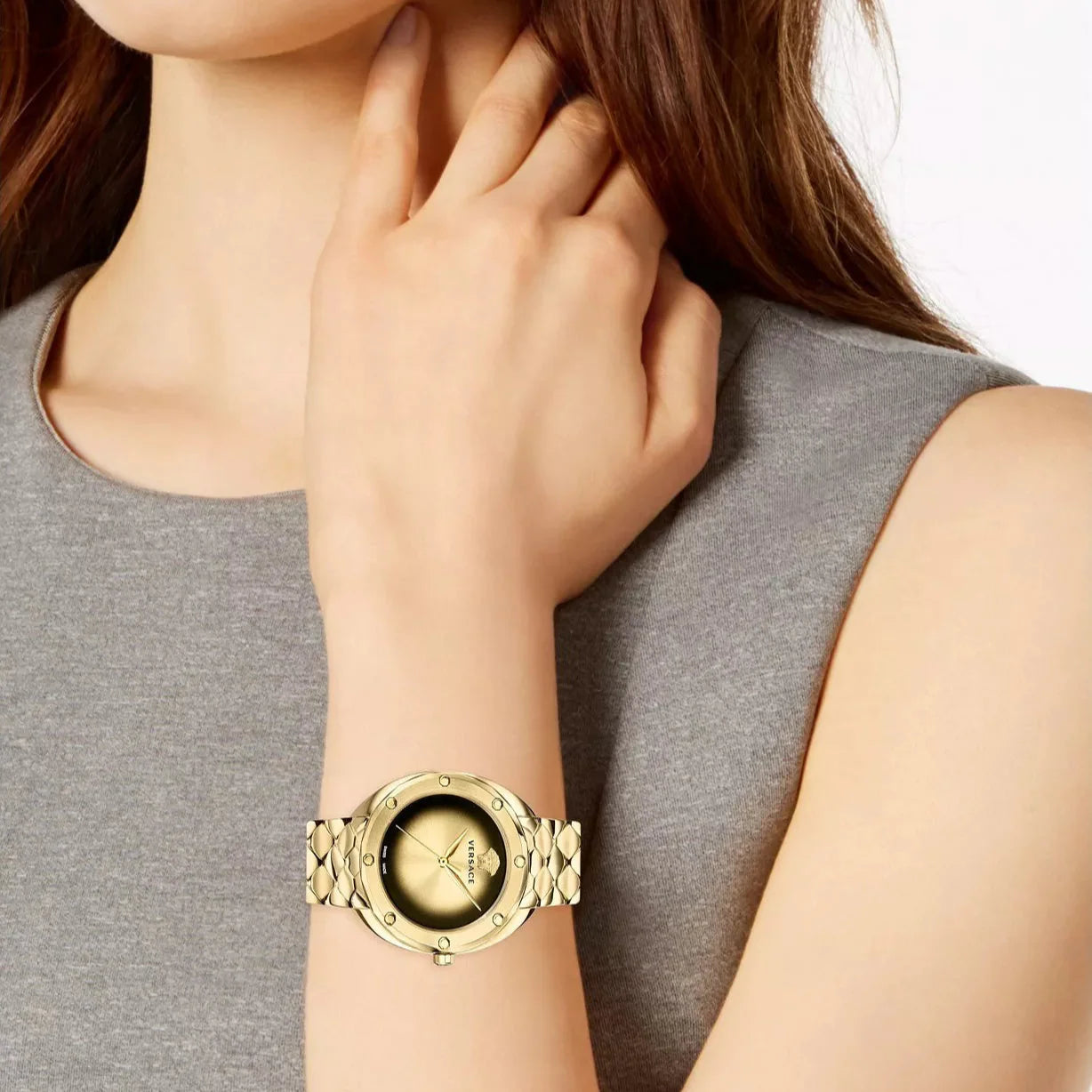 Versace Shadov Quartz Gold Dial Gold Steel Strap Watch for Women - VEBM00618