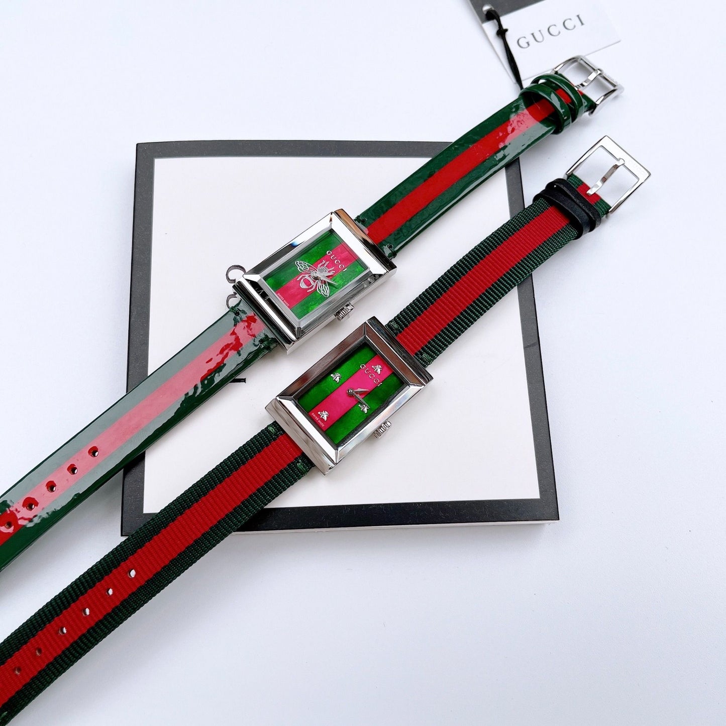 Gucci G Frame Quartz Green & Red Mother of Pearl Dial Multicolor Leather Strap Watch For Women - YA147408