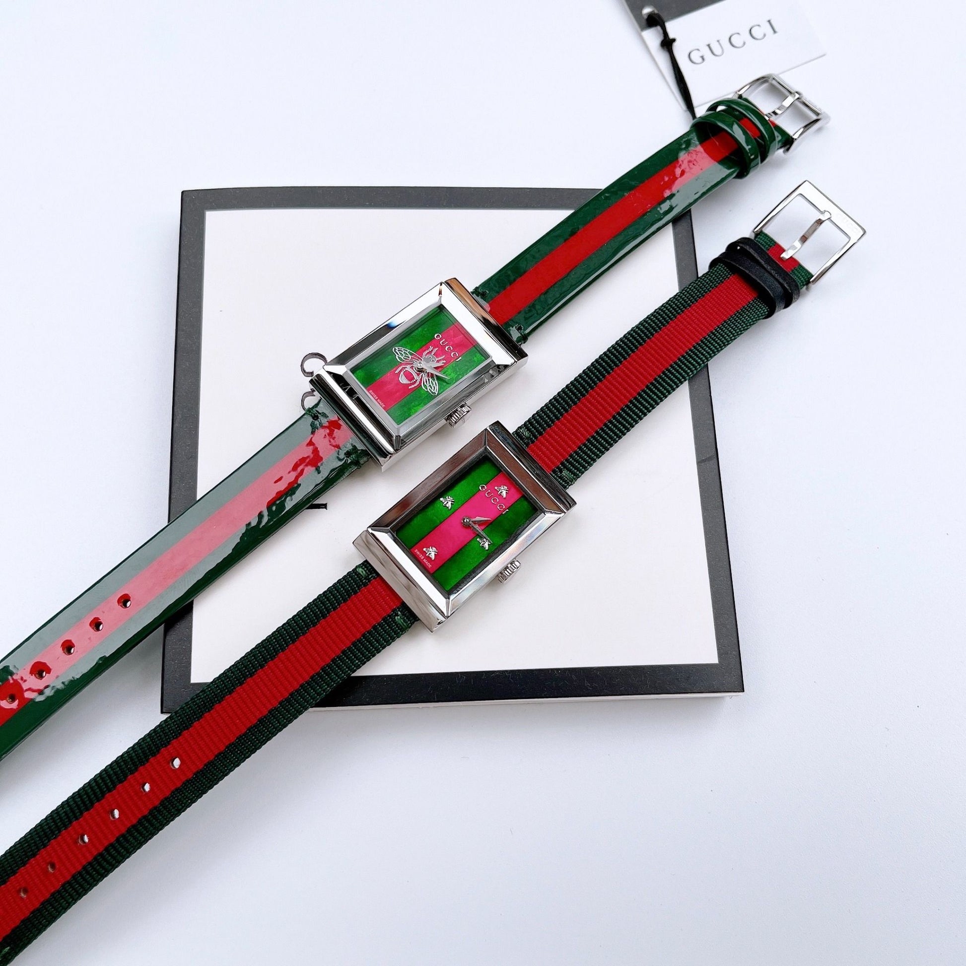 Gucci G Frame Quartz Green & Red Mother of Pearl Dial Multicolor Leather Strap Watch For Women - YA147408